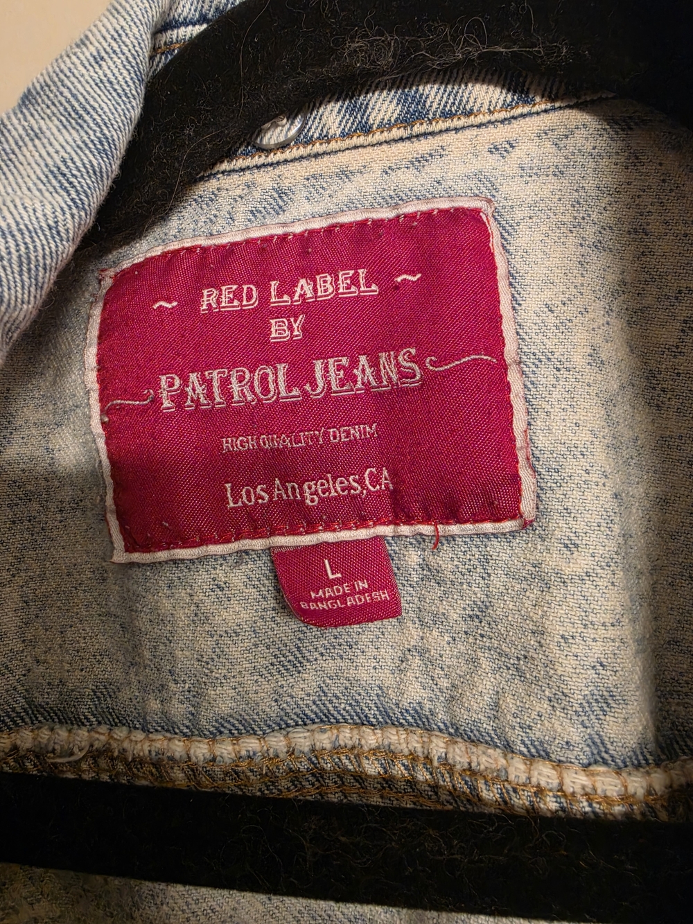 Three Bird Nest Light Blue Denim Jean Jacket with Red Label Accent